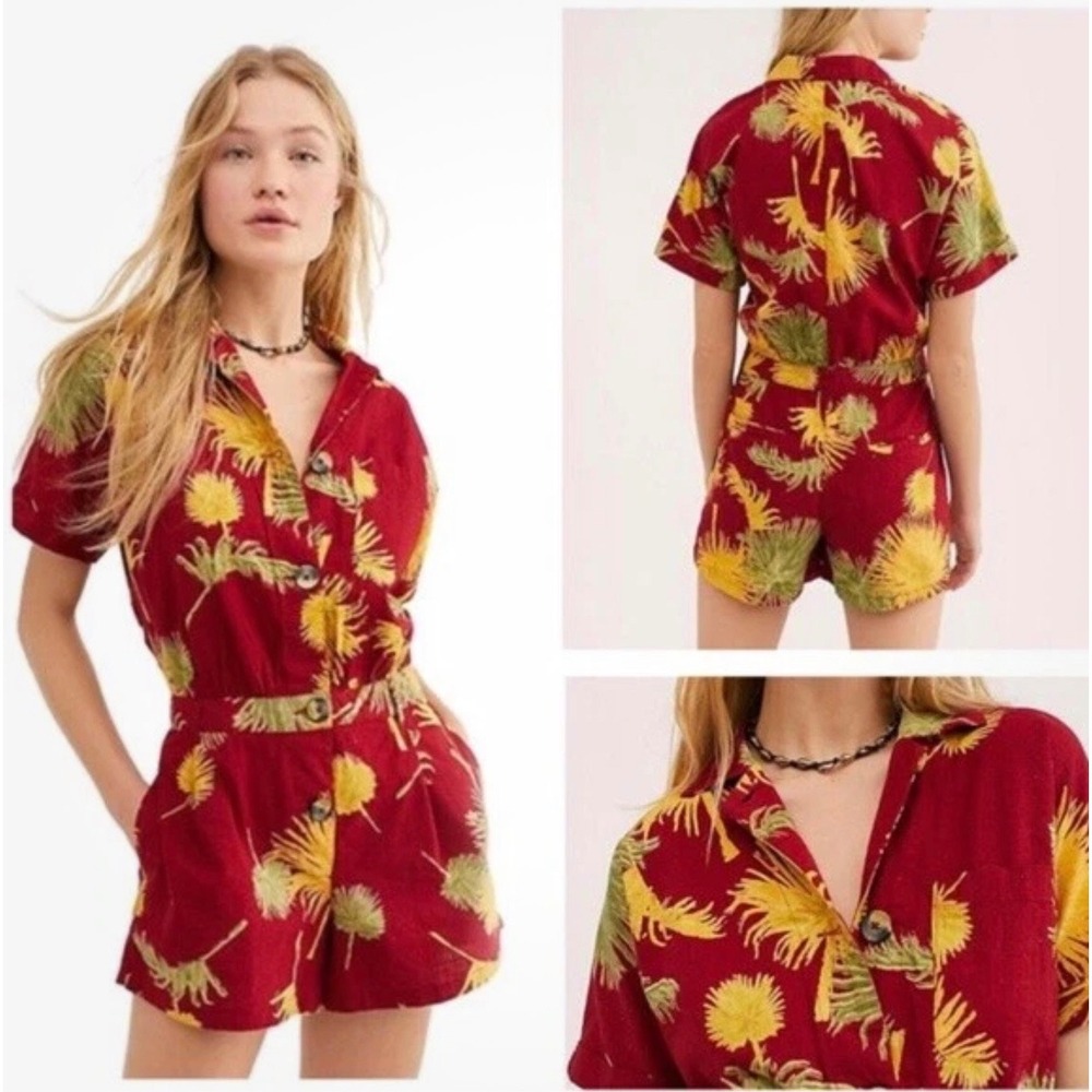 Free People Malibu Romper Women Medium Red Tropical Palm Leaf Print Hawaii Vacay